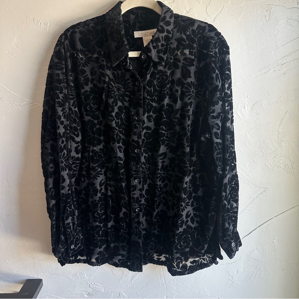 c.l.o.t.h.e.s Black Burnout Velvet Floral Blouse Y2K Gothic Romantic Sheer Top L
